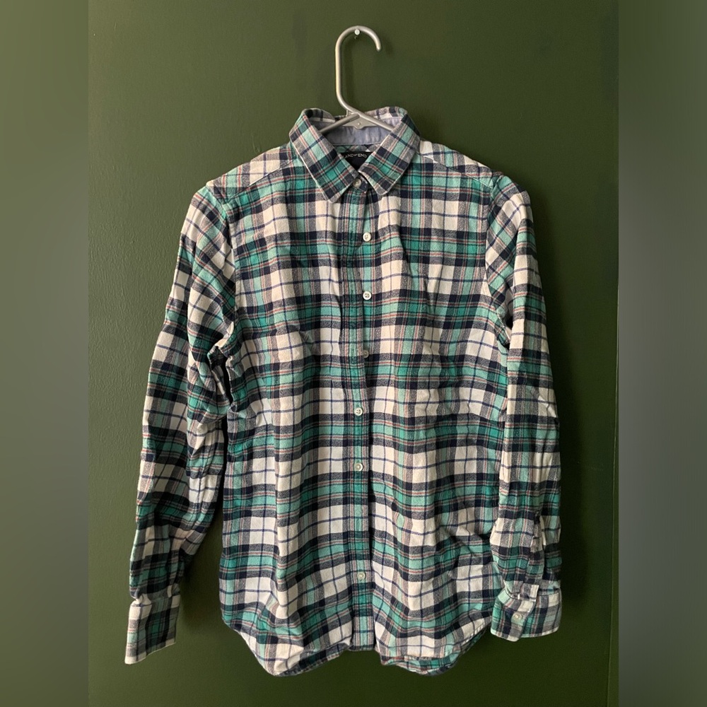 White & Green Flannel Shirt - LandsEnd